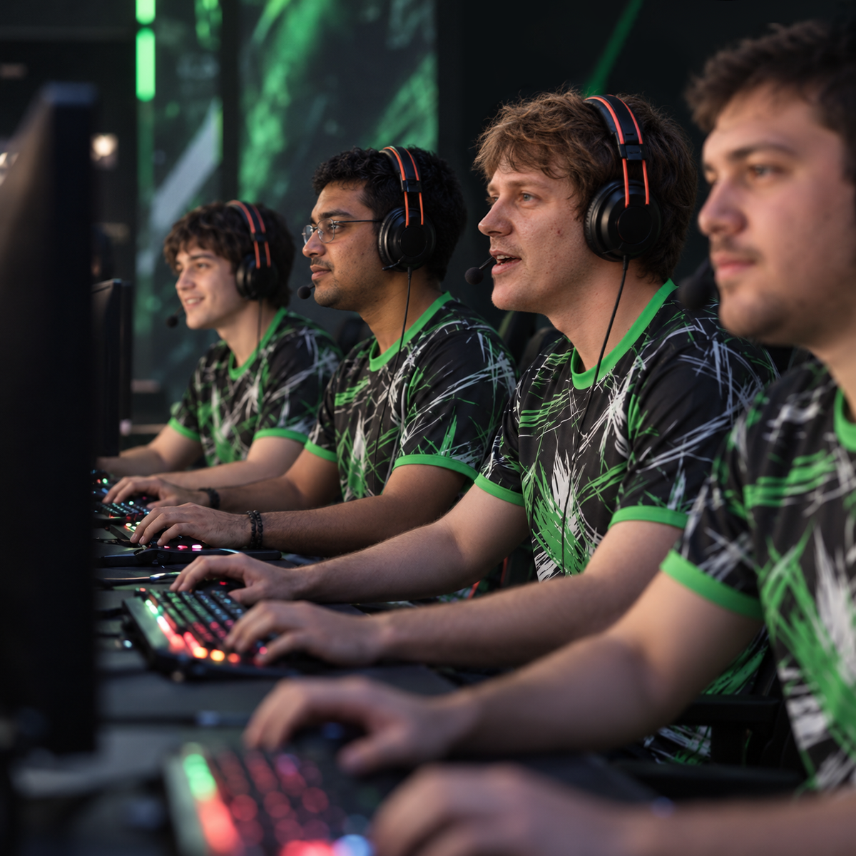 Gamers wearing Chaos Fade jerseys and headsets at gaming computers.